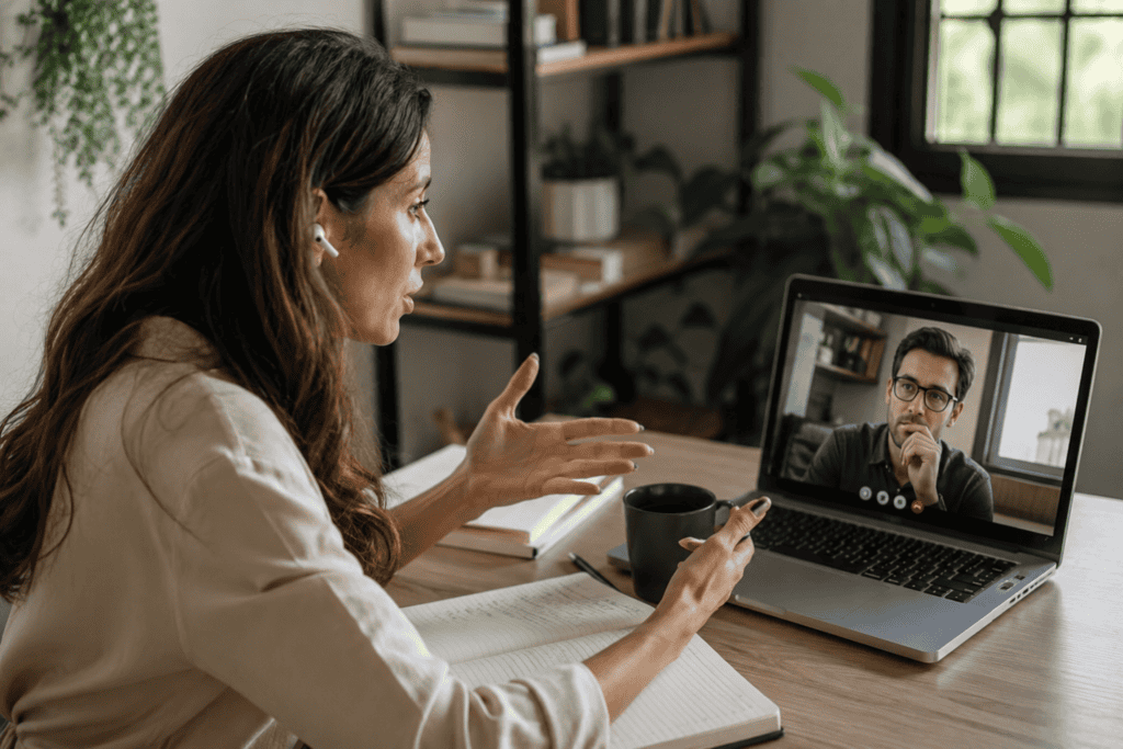 A consultant telling a story on a sales call while the prospect leans in