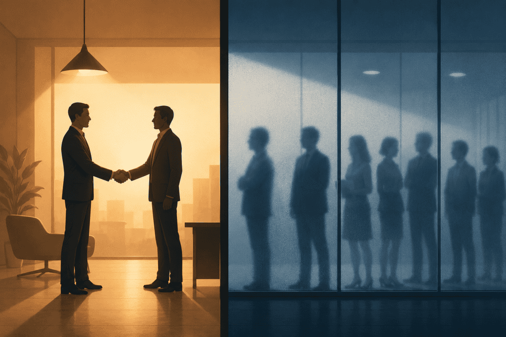 Split illustration contrasting a single decisive handshake against a group of stakeholders waiting in the background