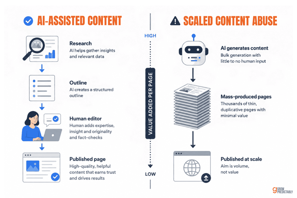 Diagram contrasting a human-led AI content workflow with scaled content abuse