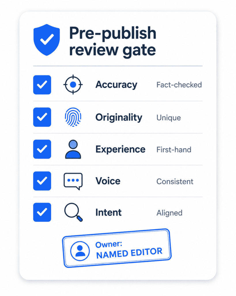 Five-point pre-publish review gate checklist for AI-assisted content