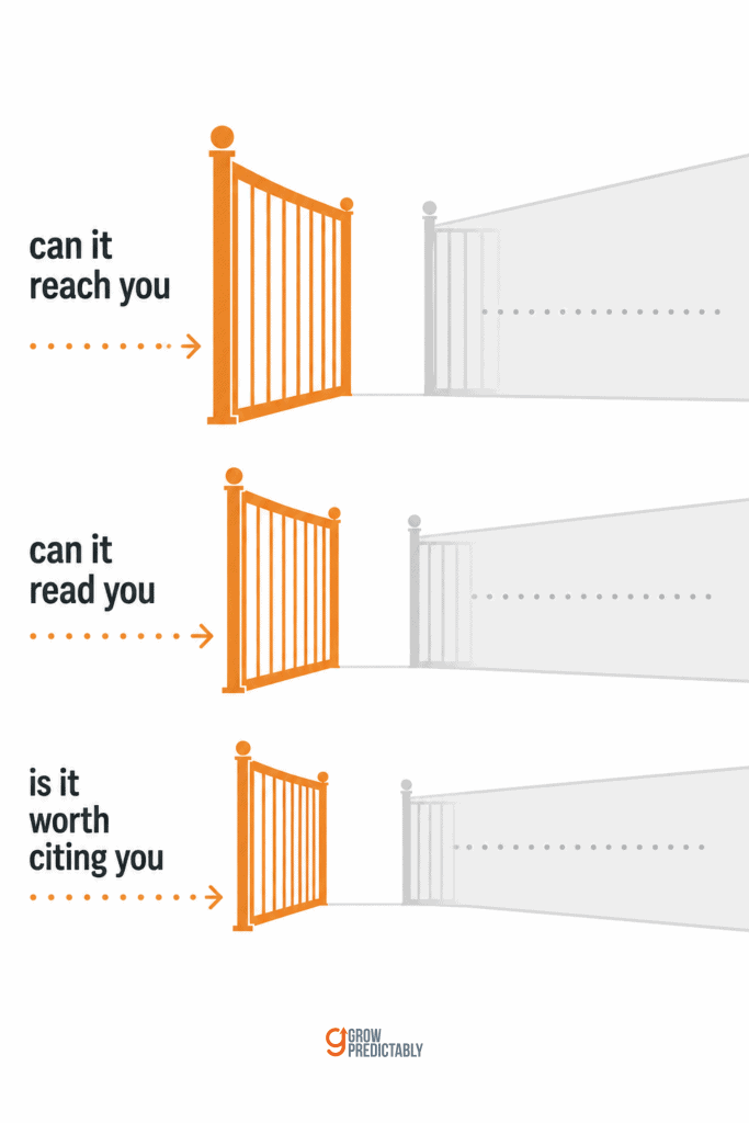 Three sequential gates showing reach, then read, then worth citing