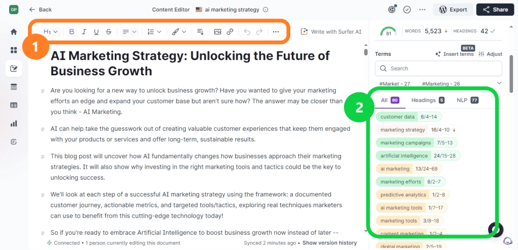 Surfer Content Editor UI - Surfer SEO Review
