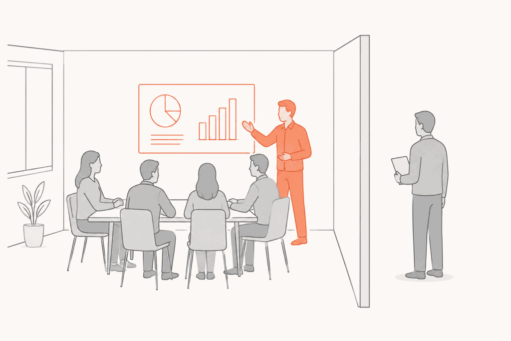 A champion presenting inside a meeting room while the vendor waits outside the wall
