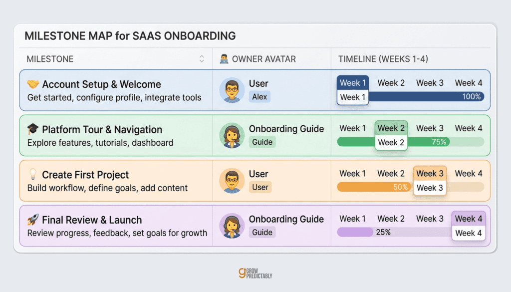 Milestone-based onboarding map with owner and success metric per milestone