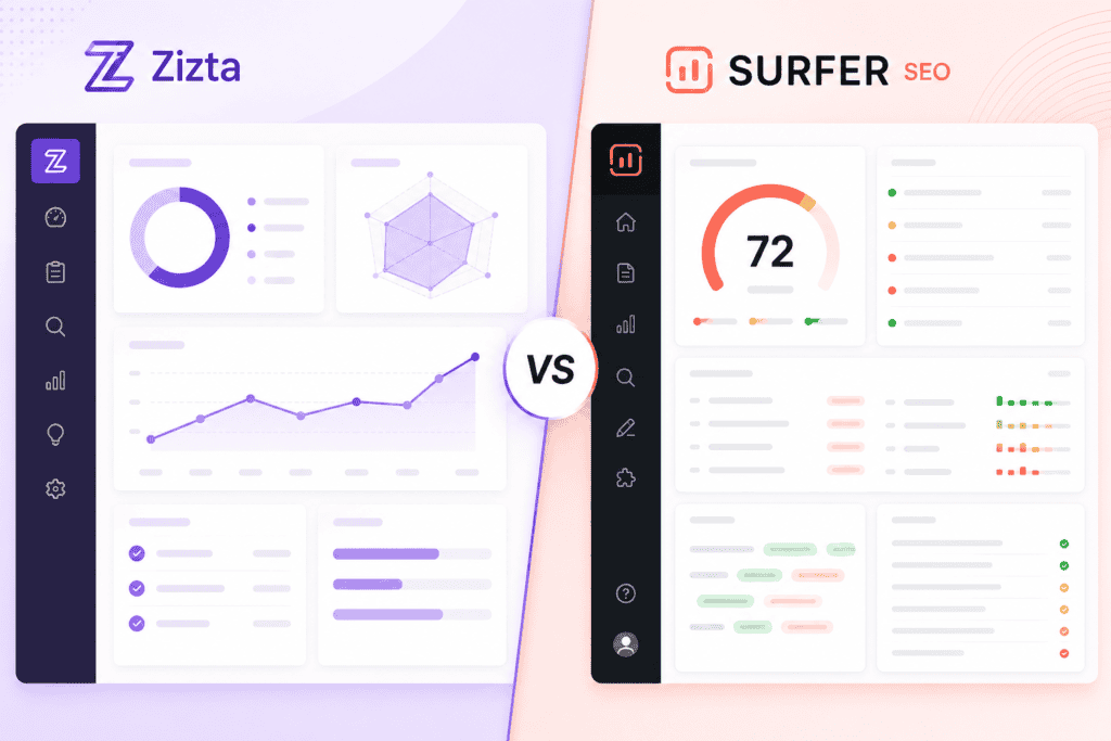 Zizta vs Surfer SEO content optimizer comparison graphic