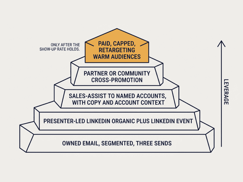 Webinar promotion channels for B2B SaaS ranked in leverage order from owned email to paid