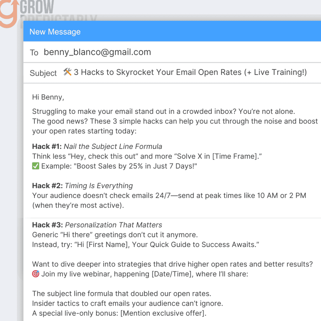 An example of how to apply value-bombs and urgency to your reminder emails