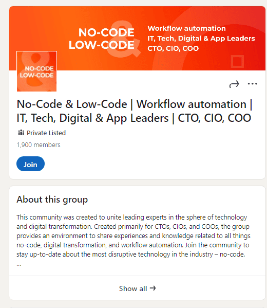 An example of a private group focused on no-code and workflow automation from LinkedIn Groups