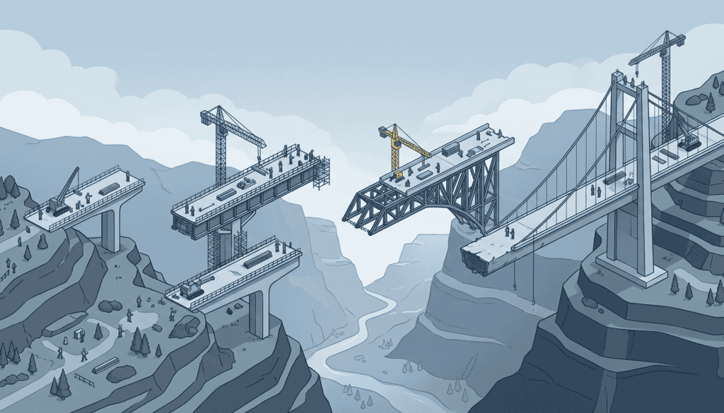 Several half-built bridges over a gap, each abandoned partway across