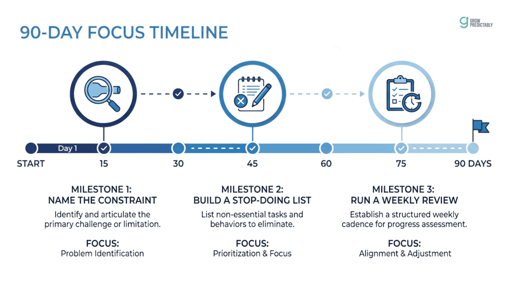A 90-day timeline: name the constraint, stop-doing list, weekly review
