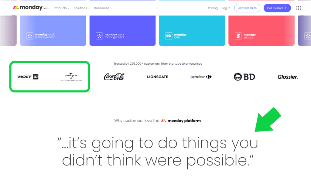 An example of how you can add client logos and customer testimonials on landing pages, Example: Monday.com