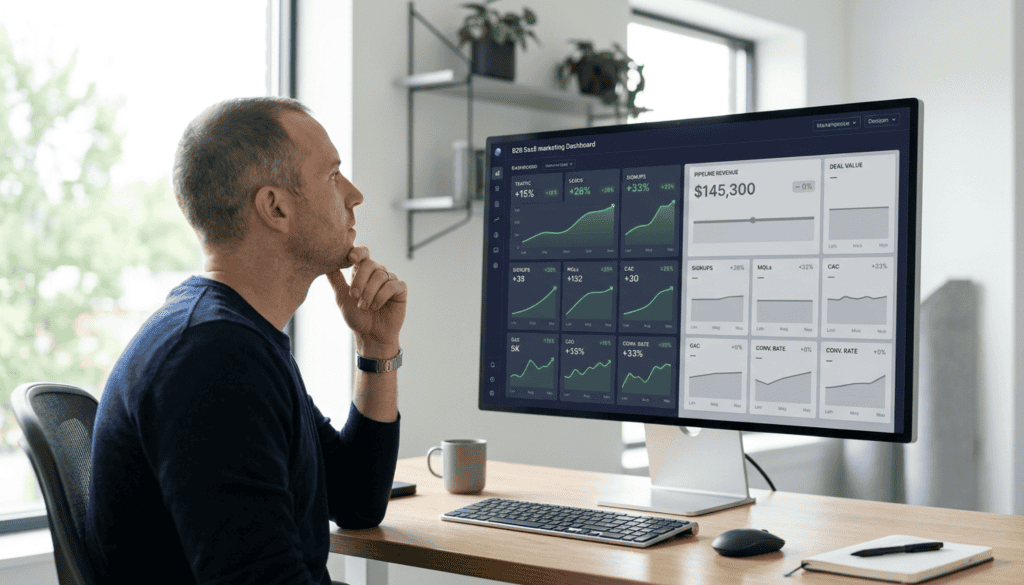 A SaaS founder views a busy marketing dashboard while the pipeline number stays flat