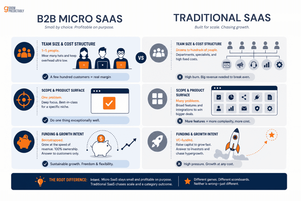 Comparison of micro SaaS and traditional SaaS on team size, scope, and funding