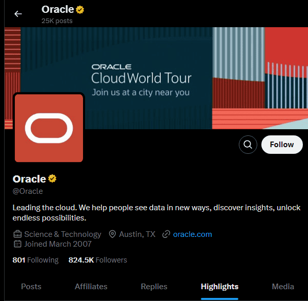 Oracle's Official Account on X (Formerly Twitter)