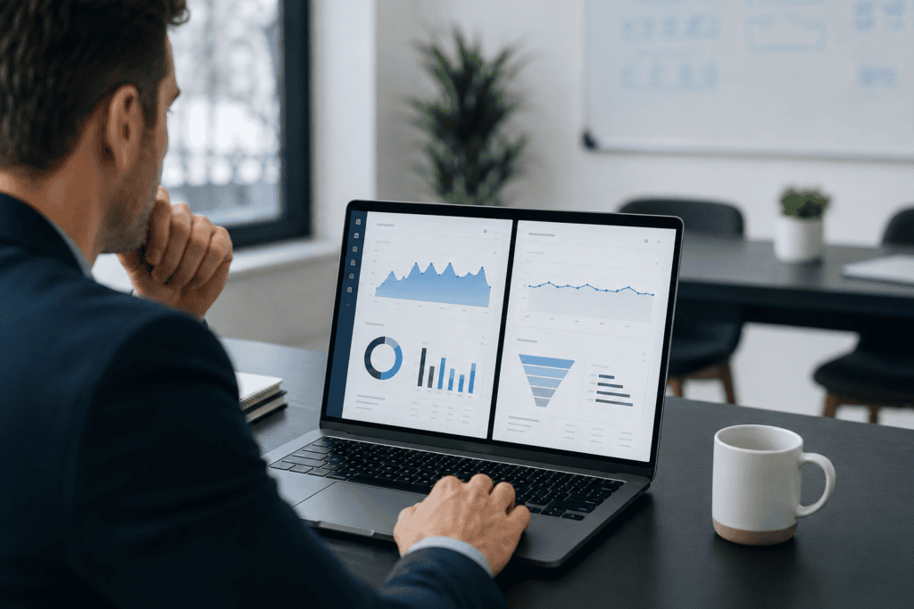A B2B SaaS sales leader reviewing a flat pipeline chart next to a busy call-activity dashboard