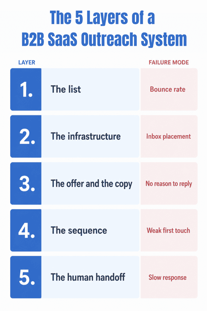 Five-layer diagram of a B2B SaaS outreach automation system with each layer's failure mode