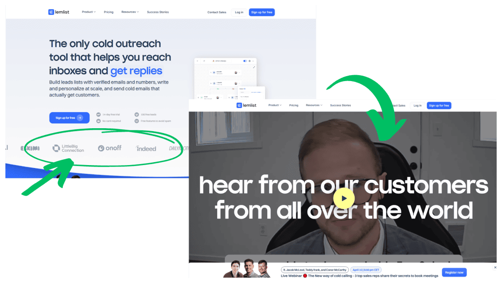 Lemlist's excellent showcase of social proof on their website through partner logos, video testimonials, and more.