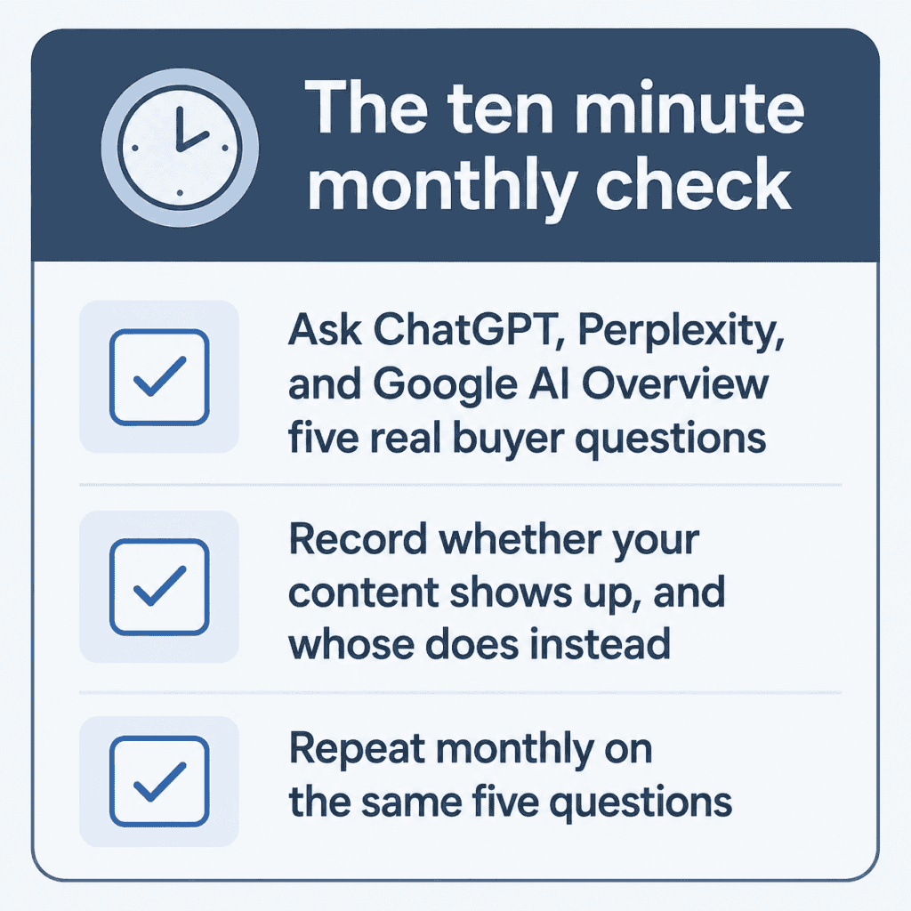 Checklist for the free monthly manual check on whether an AEO strategy is working