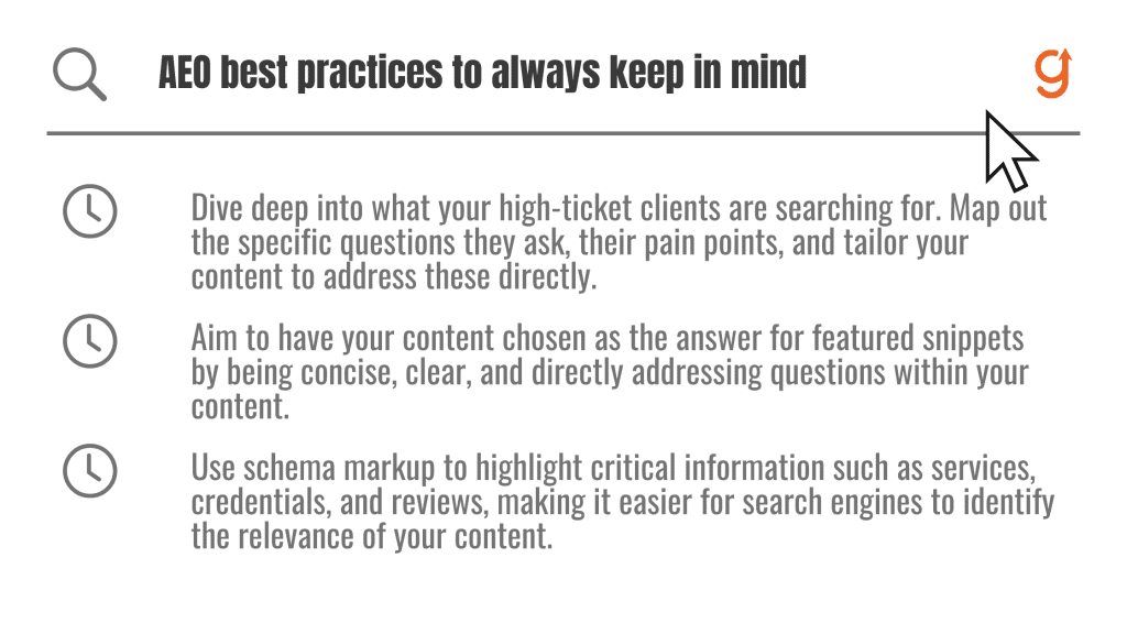 Three examples of AEO best practices: Diving deep into what top clients are searching for, Creating content that is concise and clear, and Using schema for critical site infos.