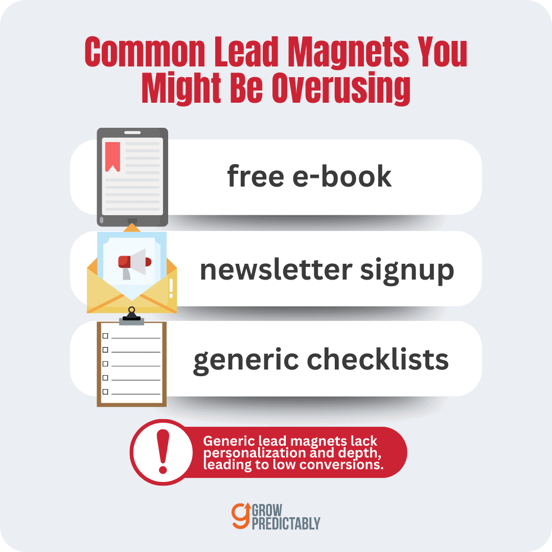 Three examples of traditional lead magnets that are overused: e-books, newsletter signups, and checklists.