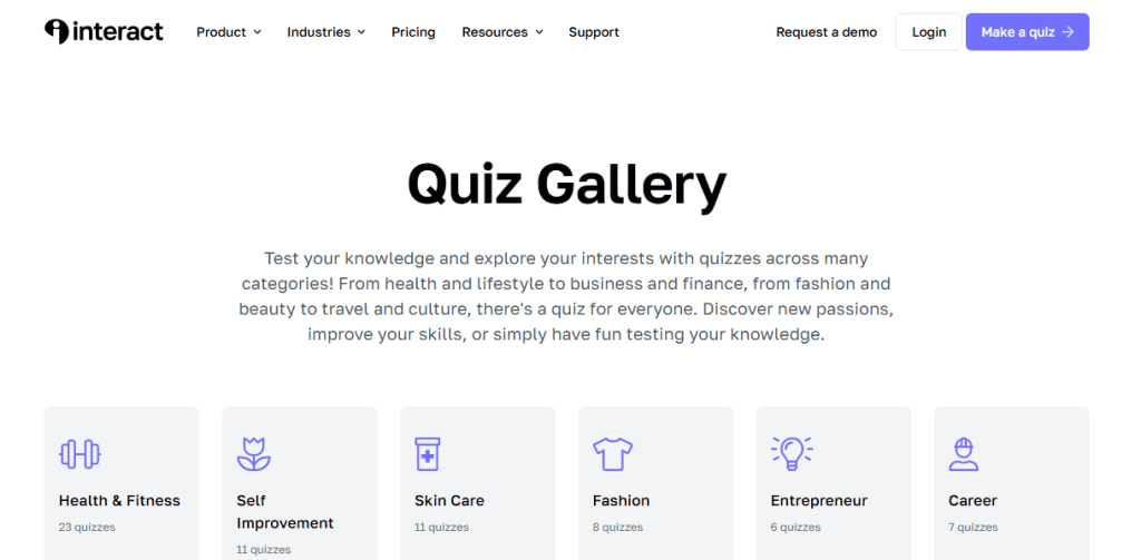 Interact's quiz gallery helps users create quizzes related to health, skin care, career, etc.