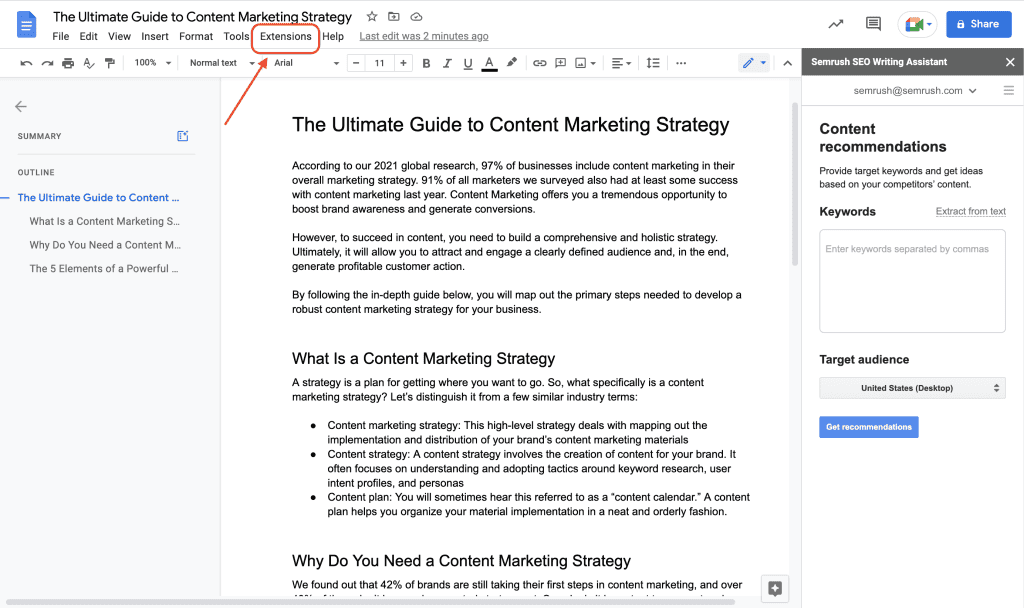 Semrush's AI writing assistant used as an extension, helping optimize writing for AI readability.