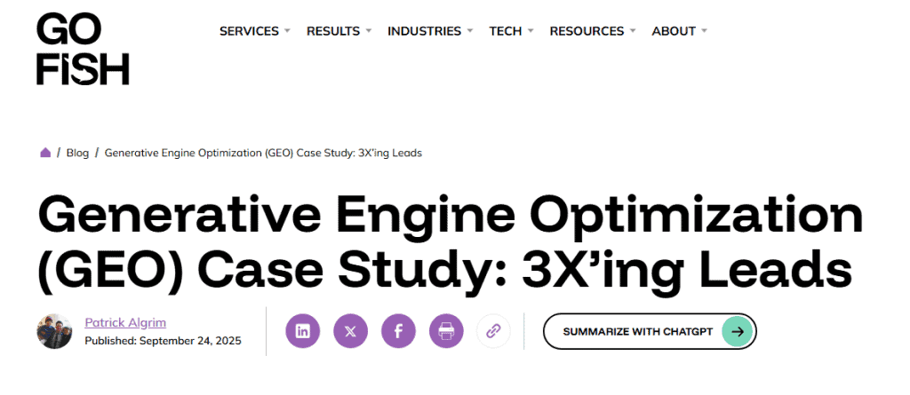 A GO Fish Sept 2025 case study on how GEO increased leads 3x.