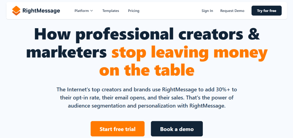 RightMessage highlights the power of audience segmentation and personalization on their landing page.