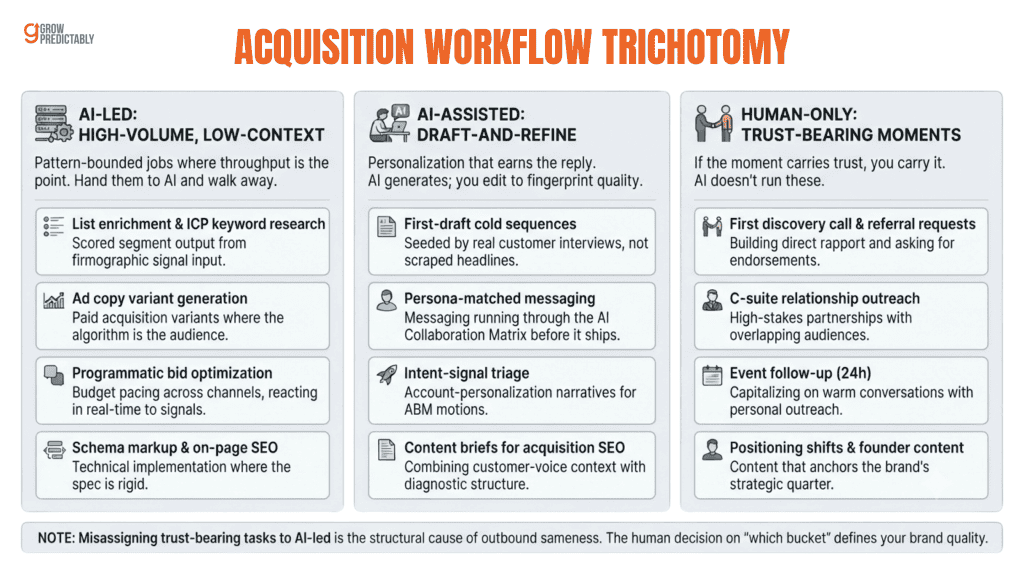 The workflow trichotomy sorting acquisition tasks into AI-led, AI-assisted, and human-only lanes