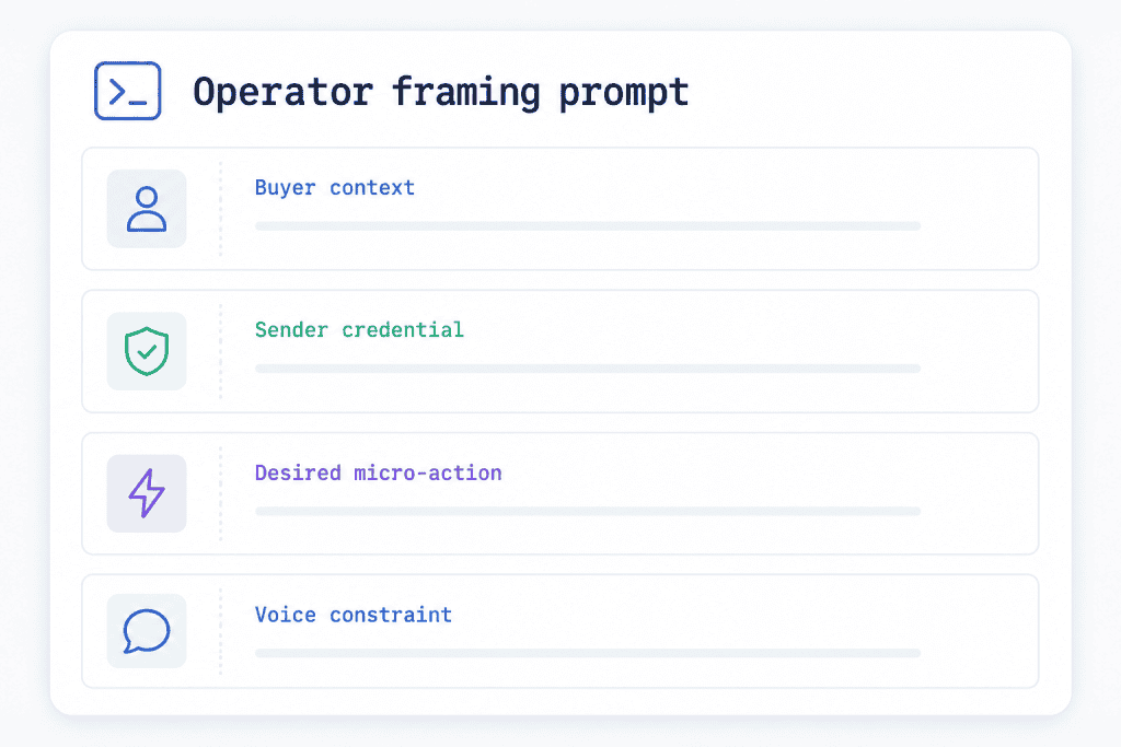 Four context layers of an operator framing prompt: buyer context, sender credential, desired micro-action, voice constraint