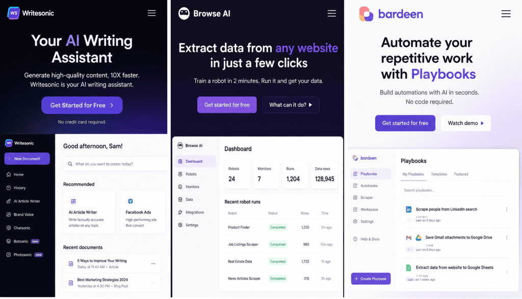 Screenshots of three AI and automation micro SaaS products: WriteSonic for AI content generation, Browse AI for no-code web scraping, and Bardeen for browser-task automation