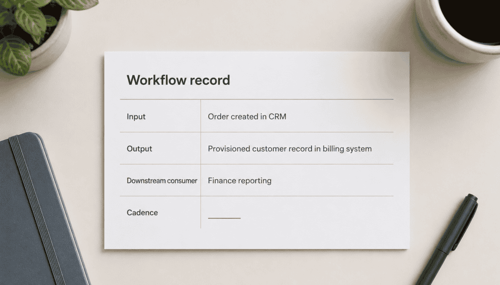 Four-field workflow documentation card showing input, output, downstream consumer, and cadence