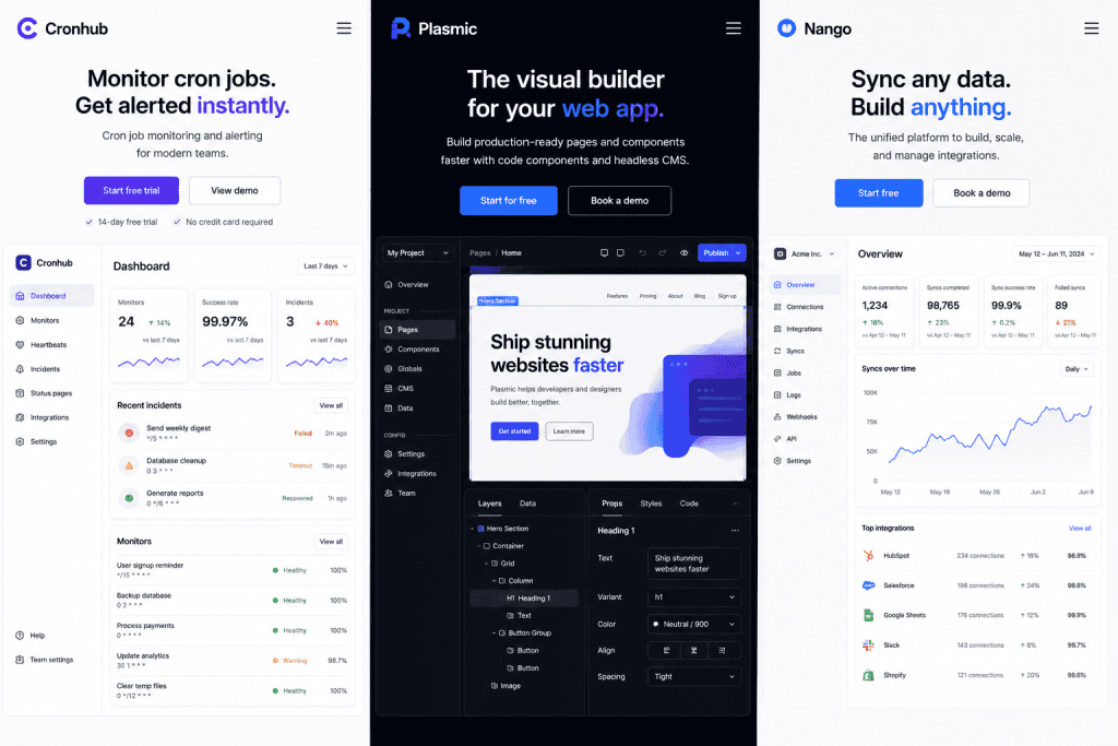 Screenshots of three developer micro SaaS products: Cronhub for cron job monitoring, Plasmic for visual React UI building, and Nango for SaaS API integration