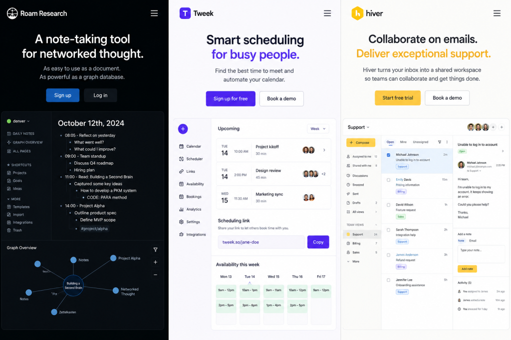 Screenshots of three productivity micro SaaS products: Roam Research for non-linear note-taking, Tweek for minimalist task management, and Hiver for Gmail-based team collaboration