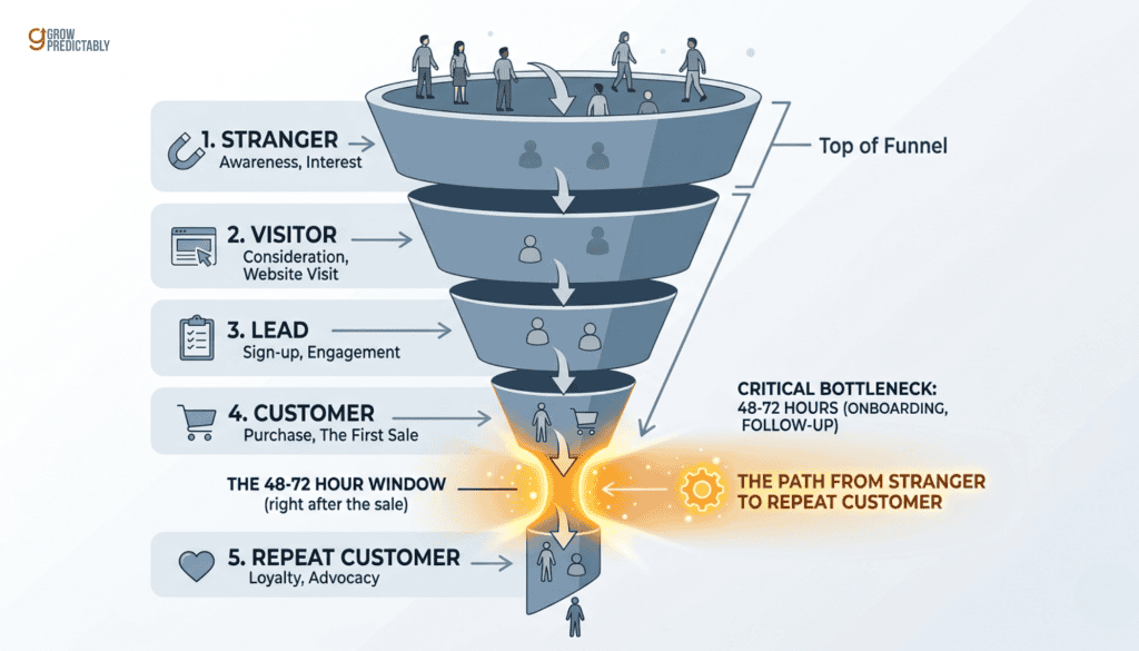 Funnel from stranger to customer with the single constraint highlighted in the post-sale gap