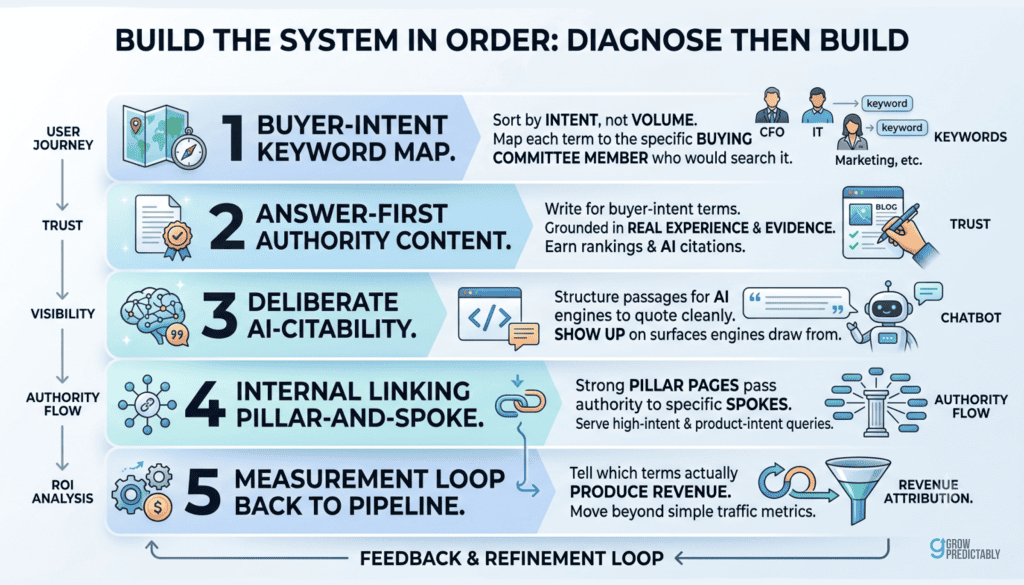 Diagnose-and-build B2B SaaS SEO system, five steps from keyword map to pipeline measurement