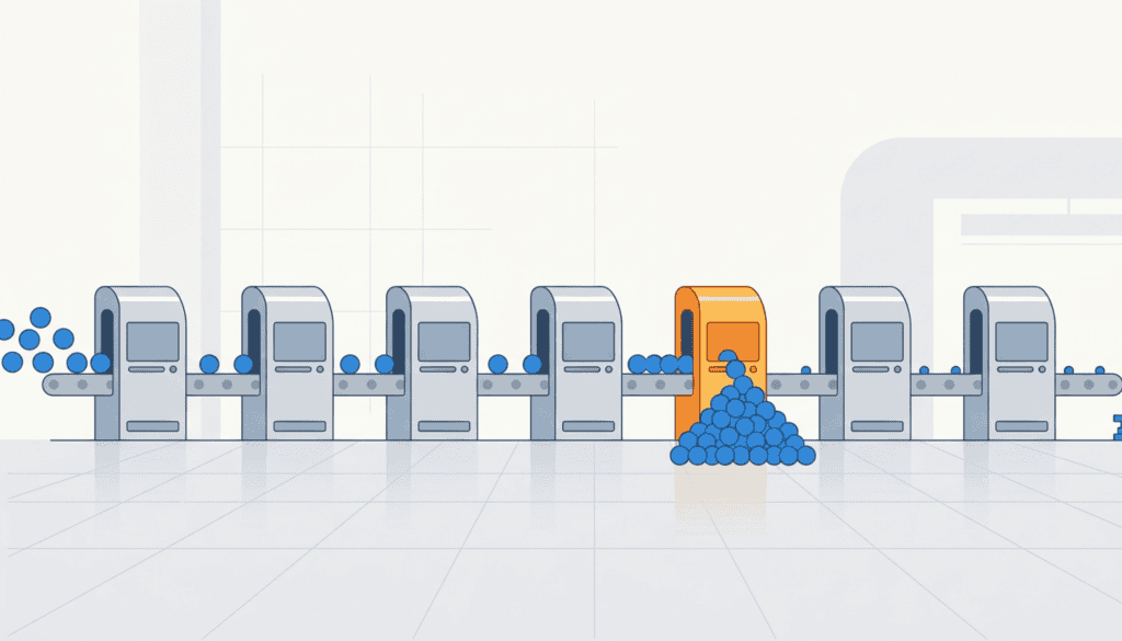 A production line with one highlighted bottleneck machine and inventory piling up in front of it, illustrating the constraint principle.