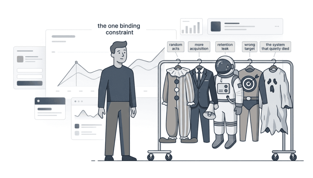 Diagram showing five labeled costumes (random acts, acquisition, retention, wrong target, the system that died) all hanging on one figure labeled the binding constraint