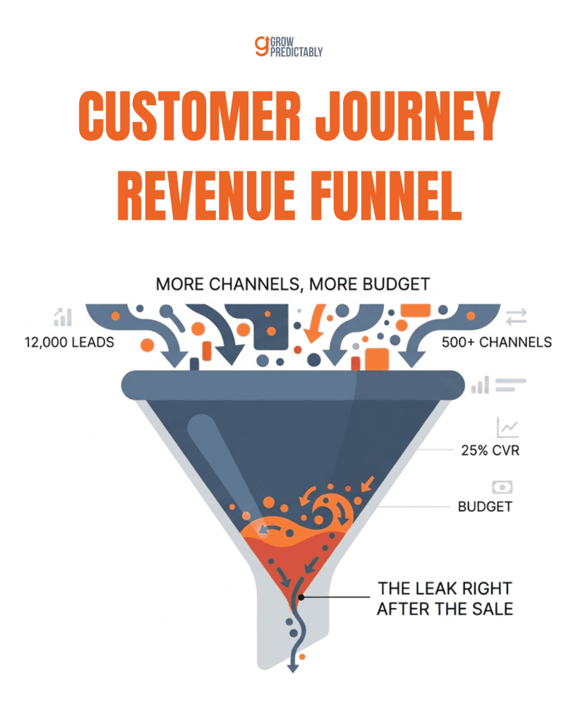 Funnel illustration with traffic pouring into a wide top while a narrow leak sits just below the point of sale, water pooling above the bottleneck