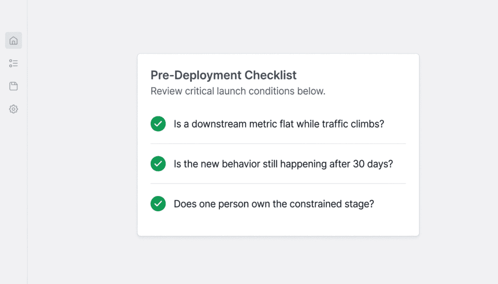 Simple three-check self-diagnostic card listing the downstream-metric check, the 30-day behavior check, and the single-owner check