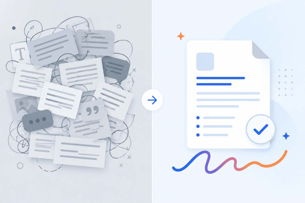 Split illustration contrasting generic AI text sameness with a single approved, on-brand piece of content
