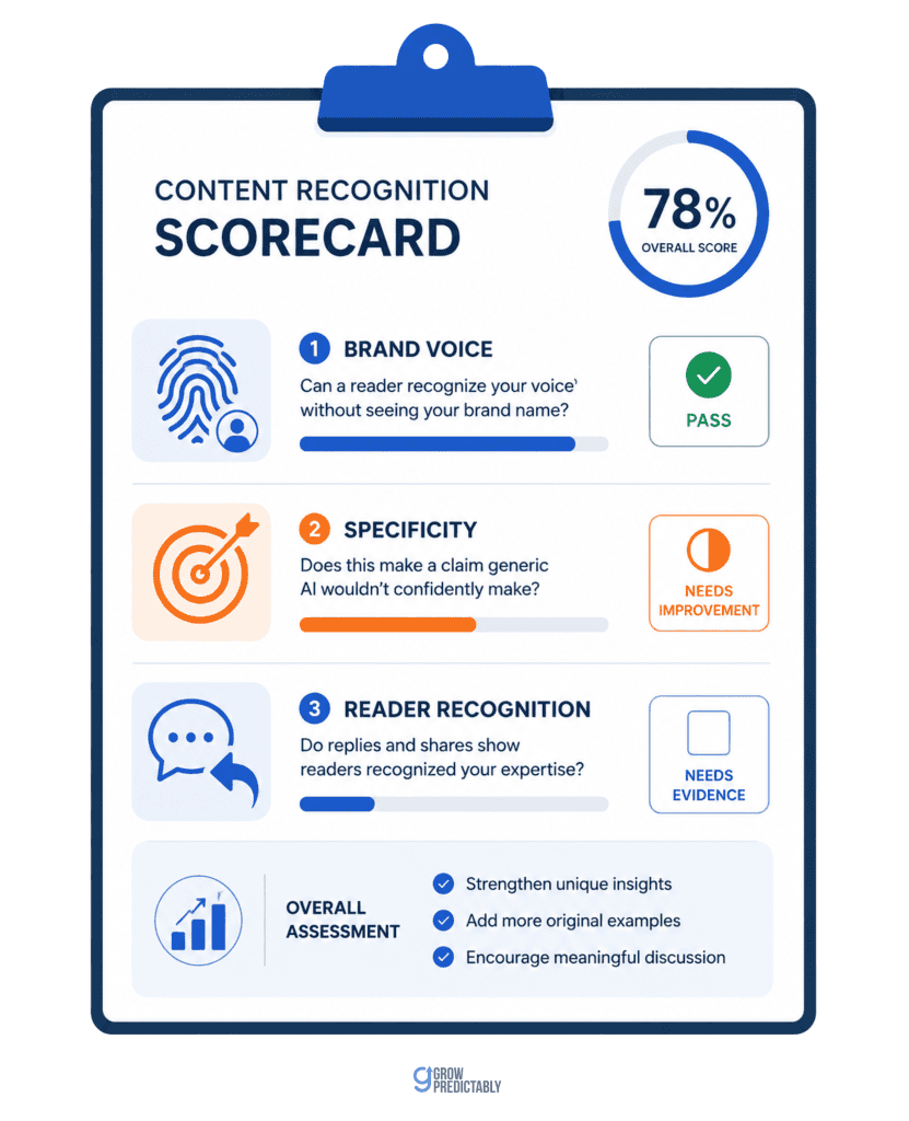 Simple scorecard illustrating three signals for measuring whether AI content marketing is working
