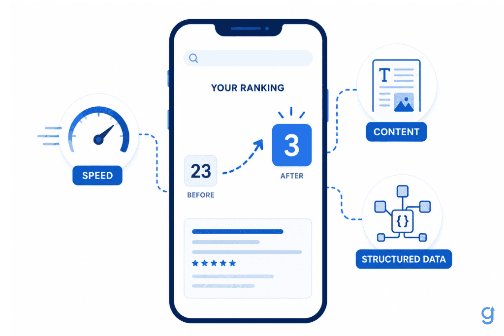 Mobile SEO hero image showing a phone with ranking position improving alongside speed, content, and structured data signals