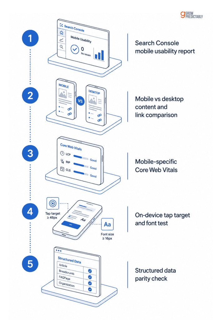 Five-step mobile SEO audit checklist diagram