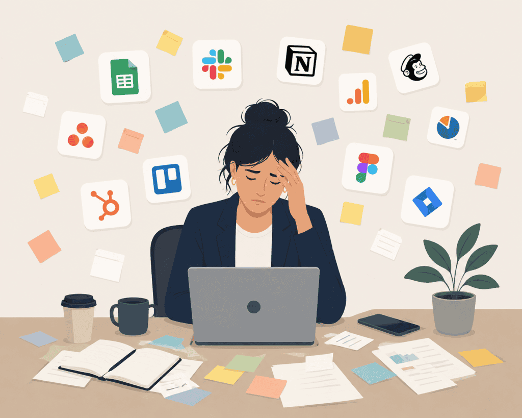 A marketing leader surrounded by a scattered, mismatched set of AI tools