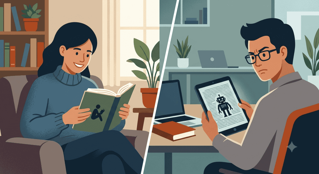 Illustration contrasting audience trust in human-made content versus AI-made content