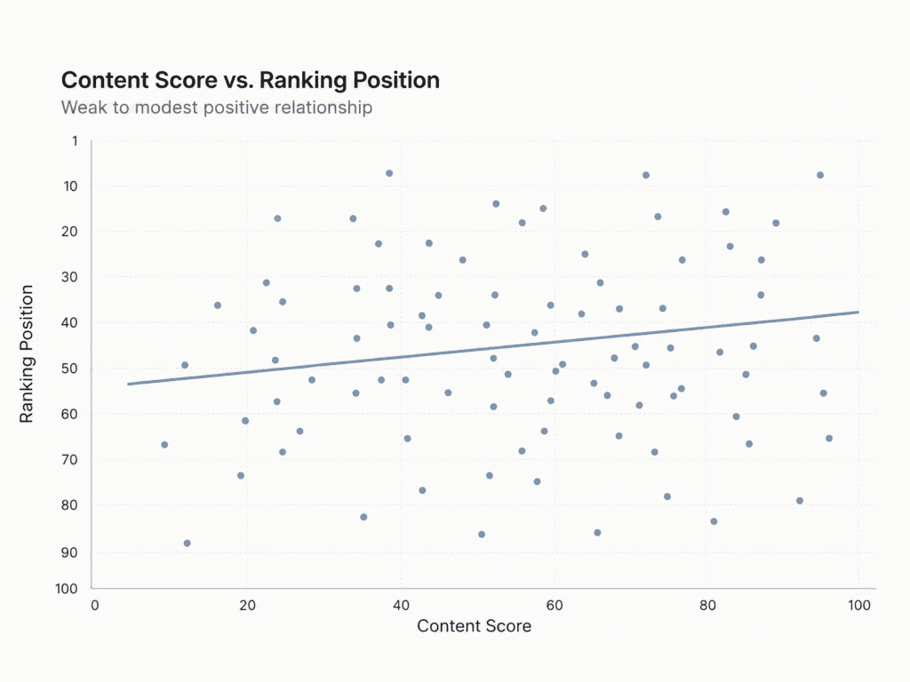Weak correlation between content-optimization score and search rankings