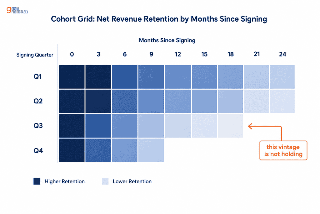 Cohort grid grouping accounts by signing quarter and showing how each contract vintage retains over time