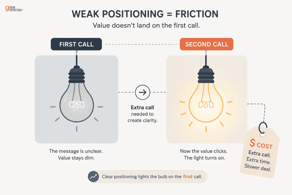Weak B2B SaaS positioning shown as a lightbulb that only turns on after an extra sales call