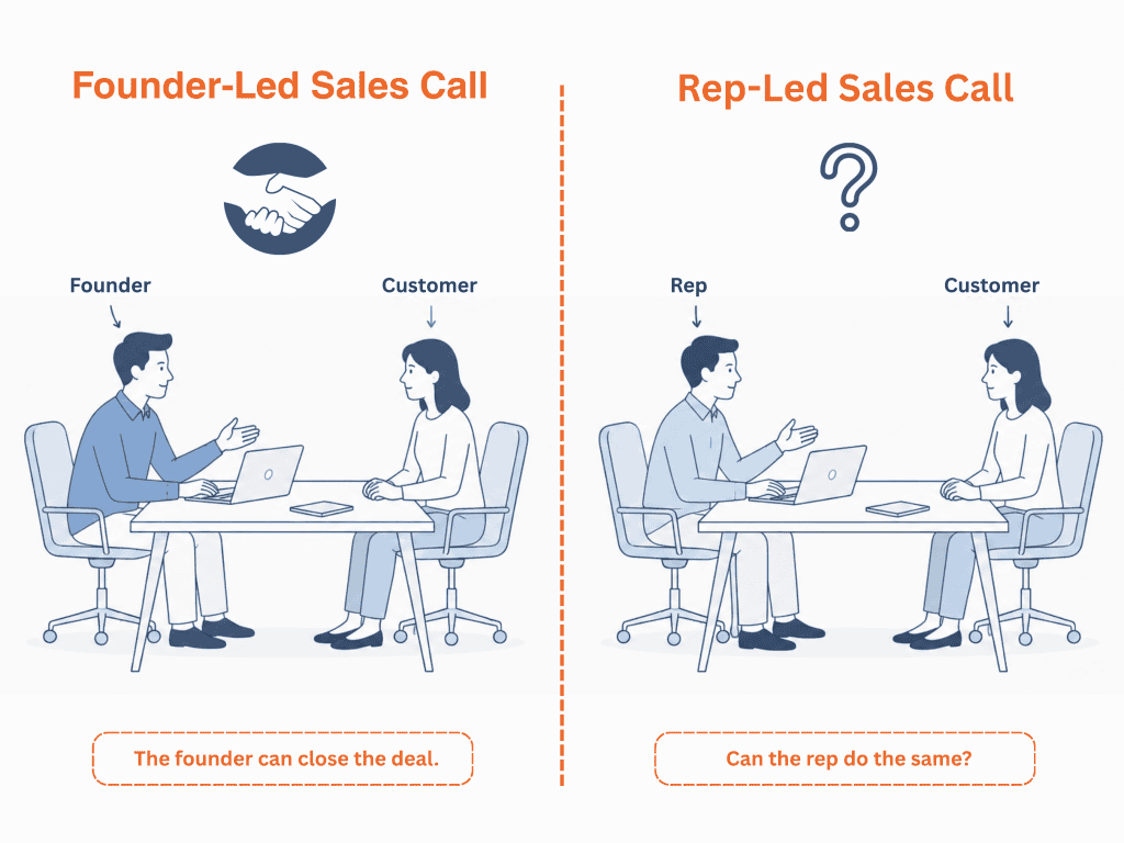 Two identical sales calls, one with the founder present and closing, one without